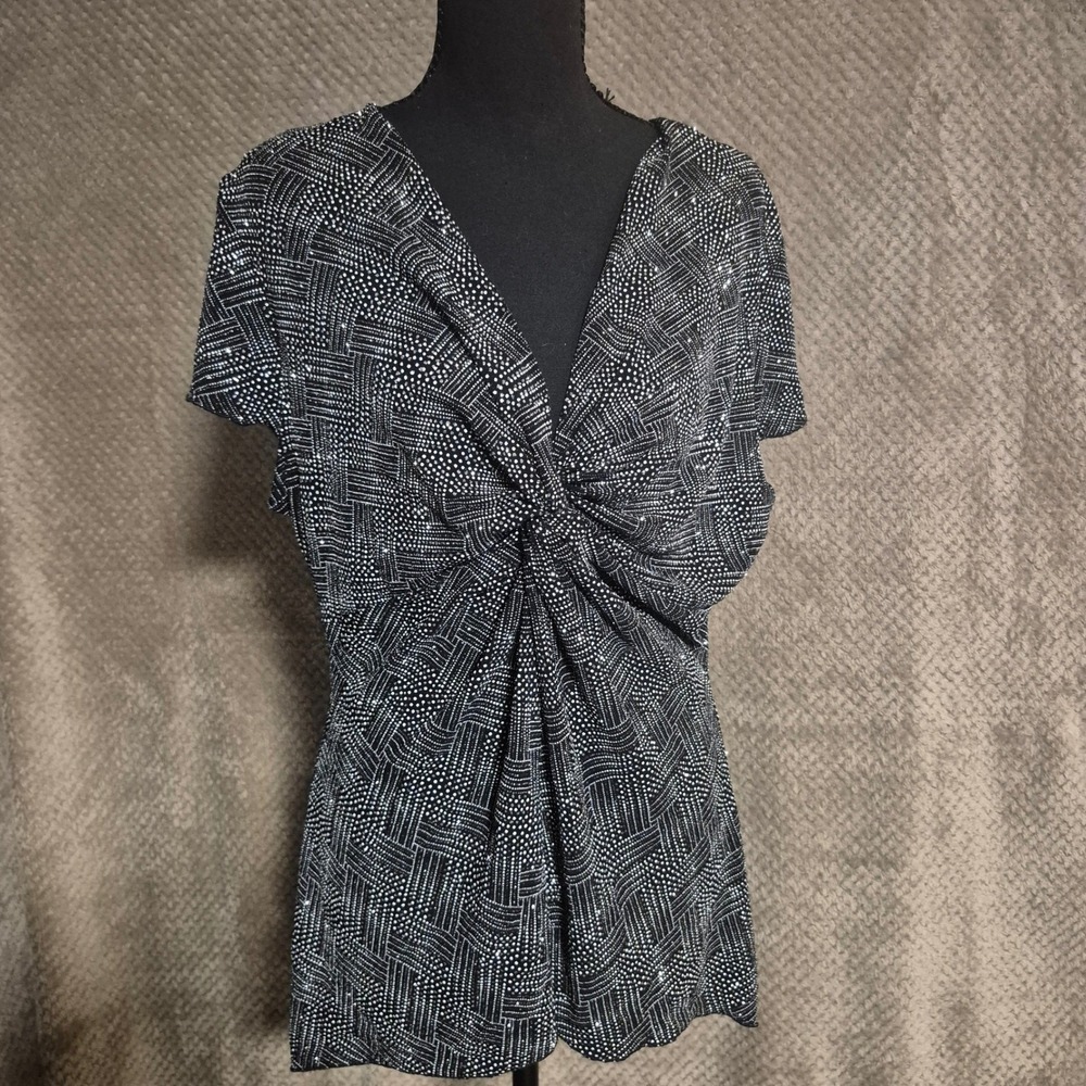 Dressbarn Collection Womens XL Black Silver Metallic Twist Front V-Neck Blouse